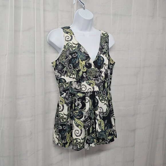 Saks Fifth Avenue Black Green Tank Y2K Pleated Paisley Boho Retro 8 - Picture 2 of 10